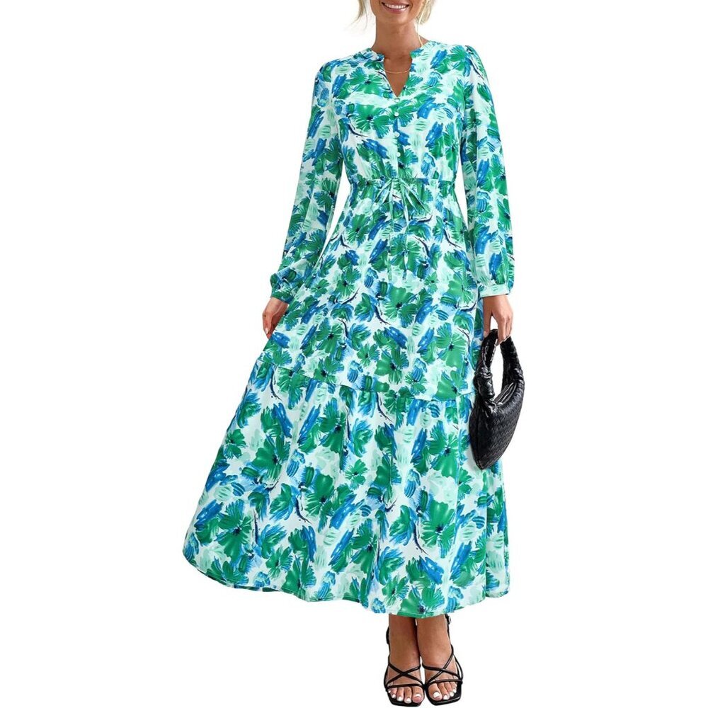 Chic Boho Wedding Guest Dress - Long Sleeve Floral Maxi with Pockets - L Size